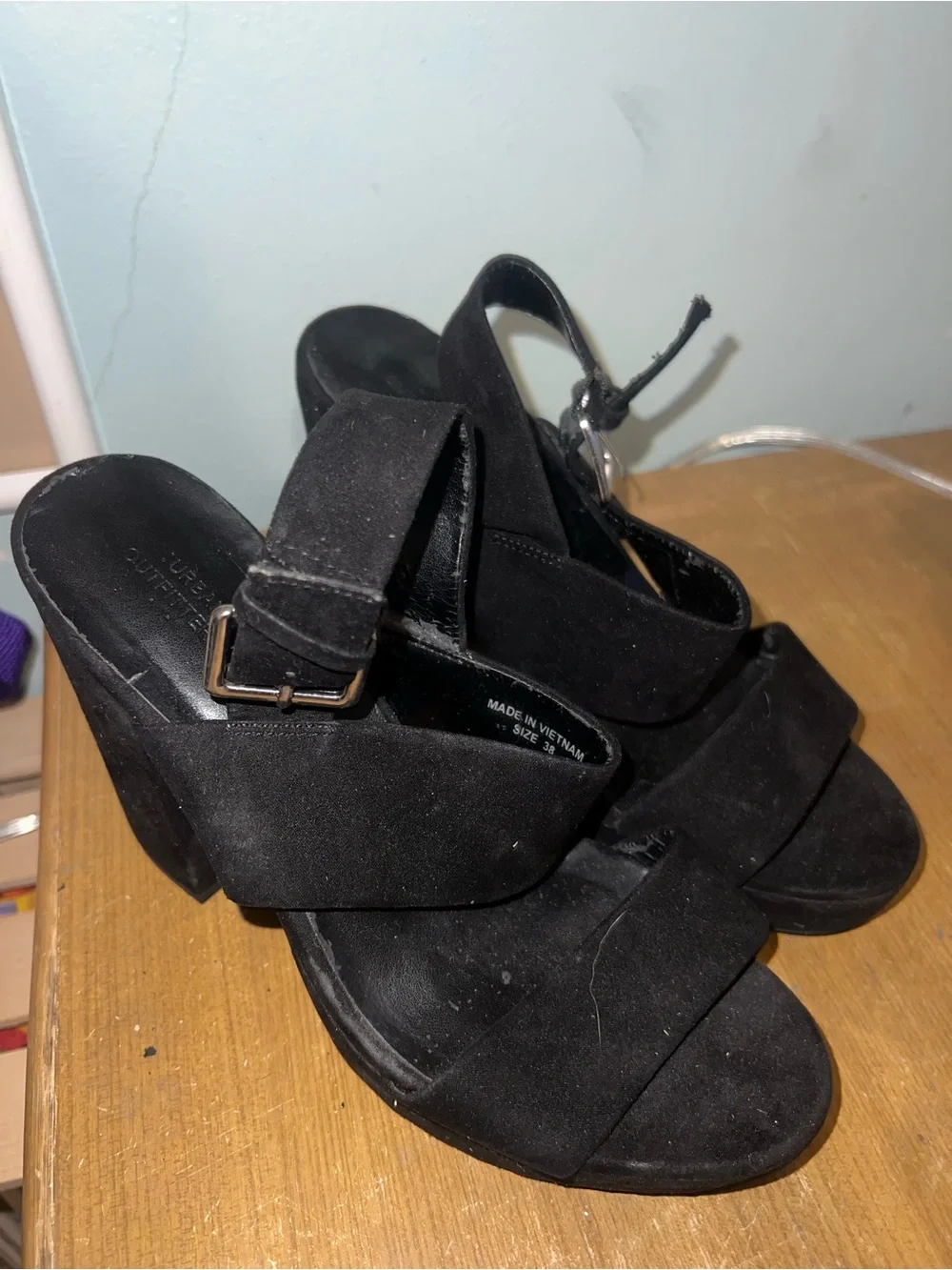 UO Black Suede Platform Block Heel Sandals - Women's